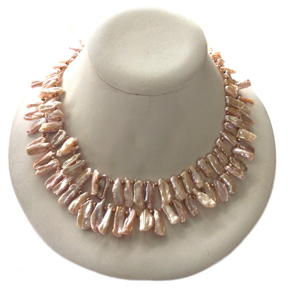 Double Strand Freshwater Stick Pearl Necklace Peach/Pink 14K Rose Gold Clasp NWT - Picture 3 of 11
